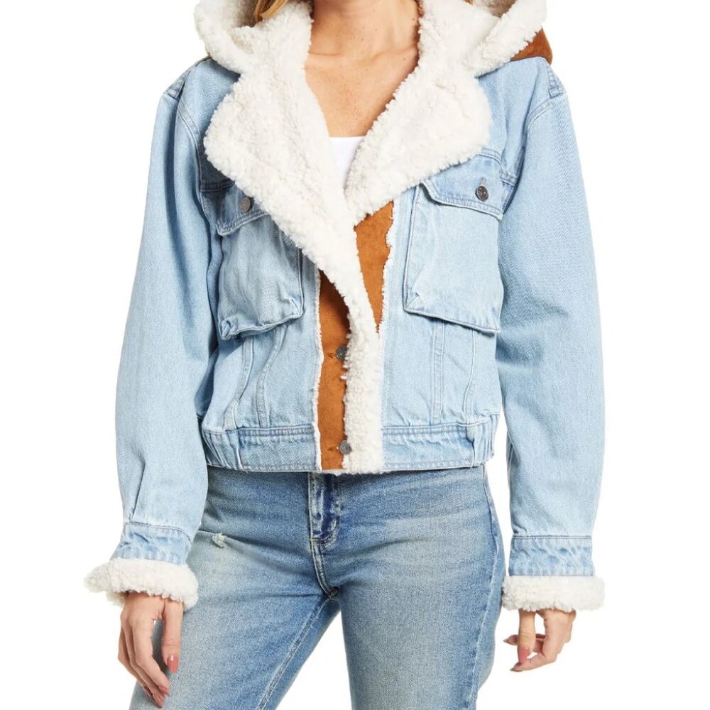 Free People Perry Hooded Denim Jacket in Sky Wash